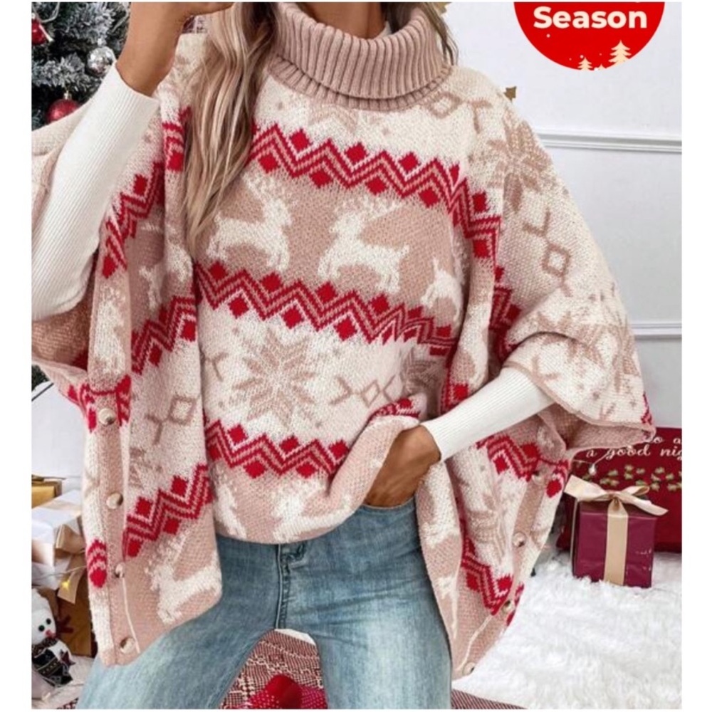 Christmas Holiday Reindeer Snowflake Print Oversized Sweater S M L